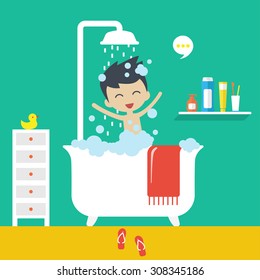 Cute young boy taking a shower. Flat design. Vector illustration