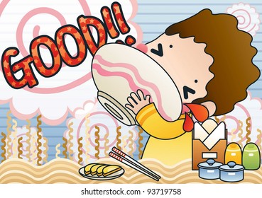 Cute Young Boy with Tasty and Spicy Ramen in a snack bar - background with spiral of 'fish cake' and noodle pattern