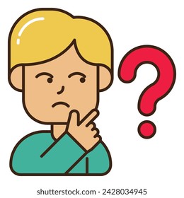cute young boy thinking about something for education creativity innovation with outline, colored, filled and flat icon styles design