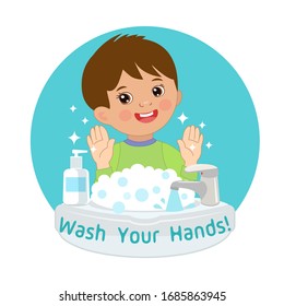 Cute Young Boy washing hands in the sink, vector Illustration. Washing Hands with Antibacterial hand sanitizer, in cartoon flat illustration vector isolated. Wash you hands banner for kids.