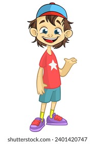 Cute young boy waving and smiling expression. Vector cartoon  
illustration of a teenager in casual street clothes presenting. Outlined