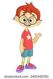 Cute young boy waving and smiling expression. Vector cartoon  
illustration of a teenager in casual street clothes presenting. Outlined