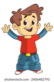 Un chico lindo saludando y sonriendo. Caricatura vectorial  
ilustración de un adolescente con ropa de calle informal. Esbozado.