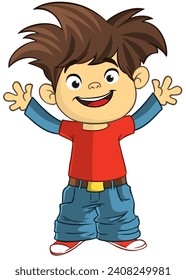 Cute young boy waving and smiling. Vector cartoon  
illustration of a teenager in casual street clothes presenting. Outlined.