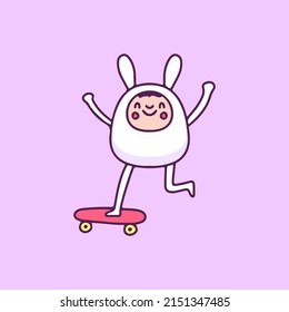 Cute young boy wearing bunny costume riding skateboard, illustration for t-shirt, sticker, or apparel merchandise. With doodle, retro, and cartoon style.