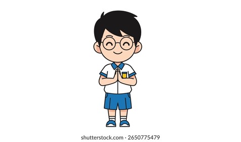 A cute young boy wearing glasses and school uniform offering a respectful greeting with his hands together