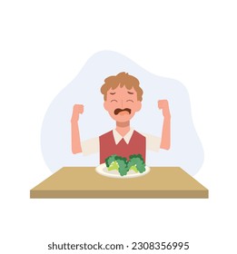 cute young boy,kid do not want to eat vegetable, broccoli. children hate vegetables. Flat vector cartoon illustration