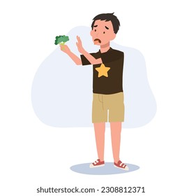 cute young boy,kid do not want to eat vegetable, broccoli. children hate vegetables. Flat vector cartoon illustration