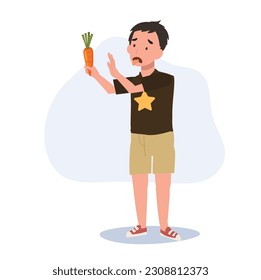 cute young boy,kid do not want to eat vegetable, carrot. children hate vegetables. Flat vector cartoon illustration