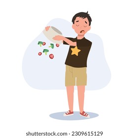 cute young boy,kid do not want to eat vegetable, salad. children hate vegetables. Flat vector cartoon illustration