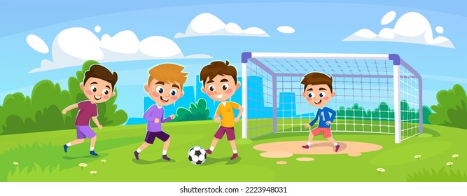 Cute young boys play soccer or football in a park outside of a city. Group of kid characters having fun outdoors. Children train with a ball on a grass field. Cartoon style vector illustration.