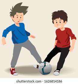 Cute young boys playing soccer together. Flat modern illustration. Boys playing football in the park.