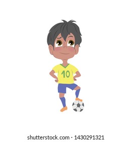 Cute young brazilian boy in yellow blue soccer clothes