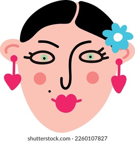 Cute young brunette face with cool earrings. vector illustration