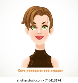 Cute young brunette woman with short haircut and red lips portrait for avatar isolated on a white background