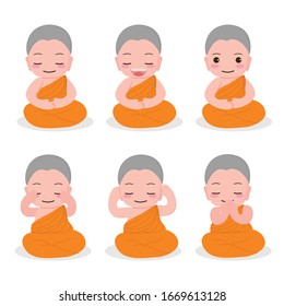 cute young Buddhist monk meditation practice for Vesak day collection eps10 vectors illustration  