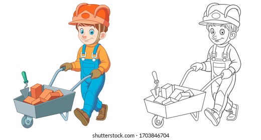 Joven constructor. Página coloreada y carácter colorido de clipart. Diseño de caricaturas para la impresión de pantalones, icono, logotipo, etiqueta, parche o pegatina. Ilustración vectorial.