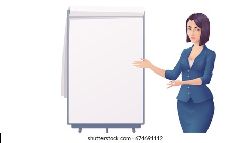 Cute young business woman in blue clothes, pointing at empty flip chart. Vector illustration