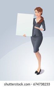Cute young business woman in grey clothes with blank paper or advertising massage. Vector illustration