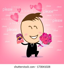 Cute young businessman want to get lover marriage, with ring and roses bouquet.