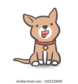Cute Young cartoon brown dogs pretending to sit and the tongue hanging on isolated white background. Vector illustration flat design.