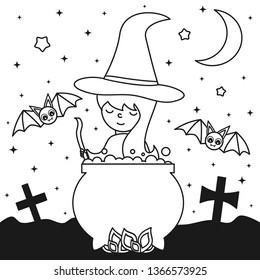 cute young cartoon witch cooks a potion in the cauldron in the night halloween vector black and white illustration for coloring art