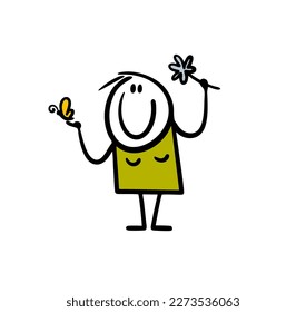 Cute young  cartoon woman holds a flower in rising up hand and spring butterfly on the fingure. Vector illustration of happy stick gigure character on summer holidays.