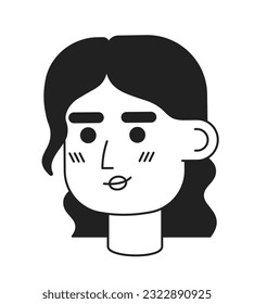 Cute young caucasian lady monochrome flat linear character head. Woman with curly hair. Editable outline hand drawn human face icon. 2D cartoon spot vector avatar illustration for animation