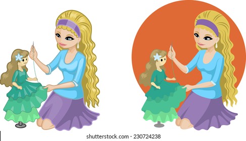 Cute young Caucasian woman hobbyist sewing gown for doll princess vector illustration in cartoon and flat design style