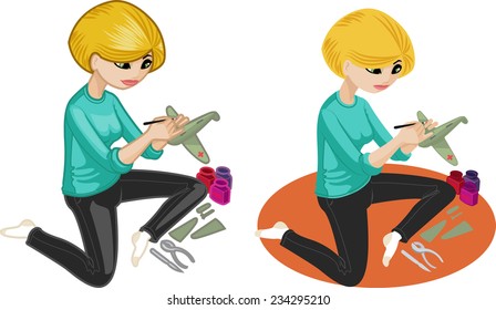 Cute young caucasian woman  hobbyist  painting an airplane model vector illustration in cartoon and flat design style
