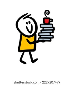 Cute young character holding a pile of books and a cup of hot coffee above. Vector illustration of literature lover and popular drink.