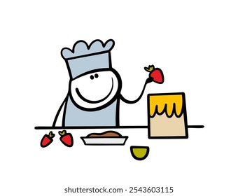 Cute young chef baked a birthday cake and decorated it with fresh berries. Vector illustration of  pastry shop,  cartoon man working with strawberries and sweets. Isolated on white background.