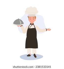 Cute Young Chef in Chef's Uniform Serving a Gourmet Meal with Welcome Sign.