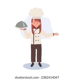 Cute Young Chef in Chef's Uniform Serving a Gourmet Meal with Welcome Sign.