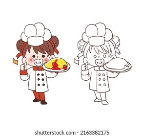 Cute young chef girl smiling and holding an omelette with rice.cartoon vector art illustration
