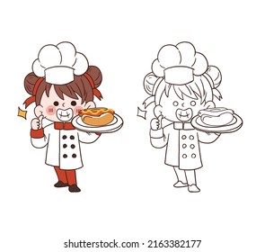 Cute young chef girl smiling and holding a hotdog.cartoon vector art illustration
