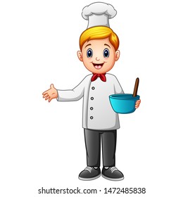 Cute Young Chef In Uniform Holding Mixing Bowl And A Whisk