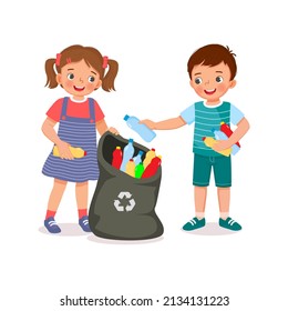 cute young child kids boy and girl collecting and picking up plastic bottles into garbage bag for recycling help to protect save environment