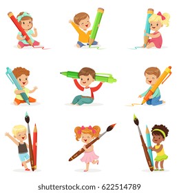 Cute young children holding big pencils, pens and paintbrushes. Education and child development. Cartoon detailed colorful Illustrations