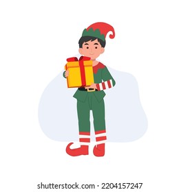 Cute young christmas elf boy with present box. vector illustration
