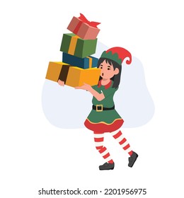 Cute young christmas elf girl with a lot of present boxes. vector illustration