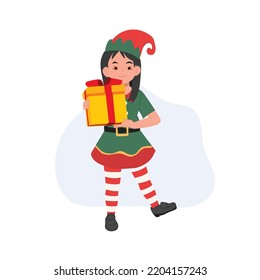 Cute young christmas elf girl with present box. vector illustration