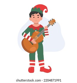 Cute young christmas elf girl is playing guitar. Vector illustration