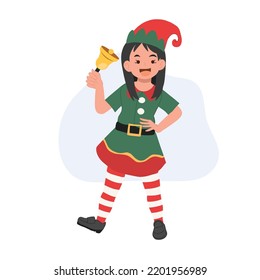 Cute Young christmas elf kid is ringing the bell. vector illustration