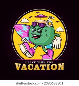 Cute young coconut carrying a surfboard. Suitable for logos, mascots, t-shirts, stickers and posters