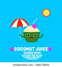 cute young coconut juice cartoon vector.summer drink.kawaii food cocncept.