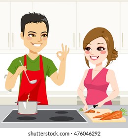 Cute young couple cooking a stew together on kitchen