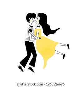 Cute young couple dancing latin. Minimalistic simple stylish illustration with boy and girl at a school prom. Romantic hot classical dance. Man and woman in love circling on the dance floor. Lesson