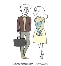 Cute young couple dating. Lovely woman with shawl covering her shoulders walking and talking to handsome man who holding shopping bag for her. Vector illustration with hand-drawn style.