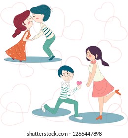 Cute young couple fall in love on heart shape decorated background.